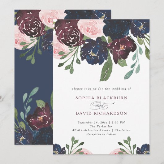 Elegant Navy Blue en Plum Floral | Bruiloft Kaart (Voorkant / Achterkant)