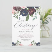 Elegant Navy Blue en Plum Floral | doopsel Kaart (Staand voorkant)