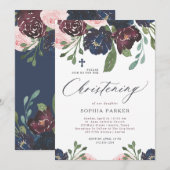 Elegant Navy Blue en Plum Floral | doopsel Kaart (Voorkant / Achterkant)