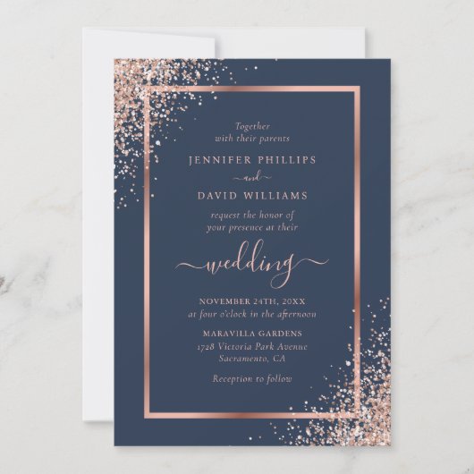Elegant Navy Blue en Roos Gold Glitter Wedding Kaart (Voorkant)