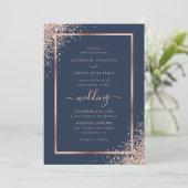 Elegant Navy Blue en Roos Gold Glitter Wedding Kaart (Staand voorkant)