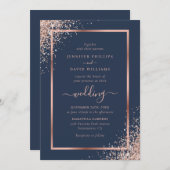 Elegant Navy Blue en Roos Gold Glitter Wedding Kaart (Voorkant / Achterkant)