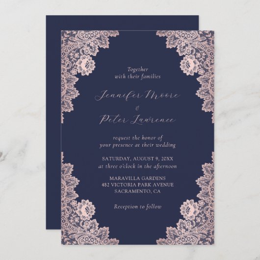 Elegant Navy Blue en Roos Gold Wedding Invitation Kaart (Voorkant / Achterkant)