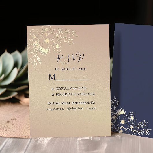 Elegant Navy Blue en Roos Gold Wedding RSVP Kaartje