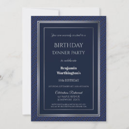 Elegant Navy Blue en Silver 50th Birthday Dinner Kaart