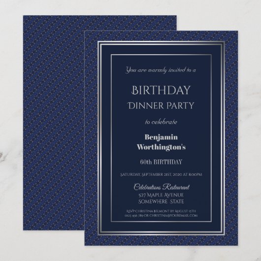 Elegant Navy Blue en Silver 60th Birthday Dinner Kaart (Voorkant / Achterkant)