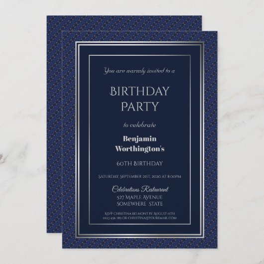 Elegant Navy Blue en Silver 60th Birthday Party Kaart (Voorkant / Achterkant)