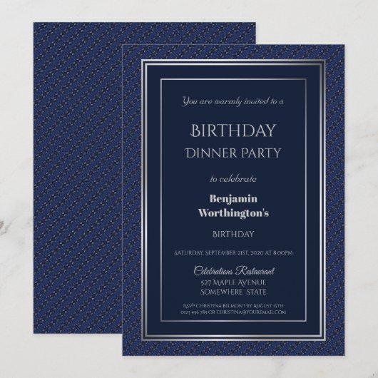 Elegant Navy Blue en Silver Birthday Dinner Kaart (Voorkant / Achterkant)