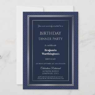 Elegant Navy Blue en Silver Birthday Dinner Kaart