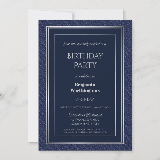 Elegant Navy Blue en Silver Birthday Party Kaart (Voorkant)