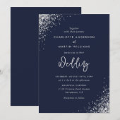 Elegant Navy Blue en Silver Glitter Wedding Kaart (Voorkant / Achterkant)