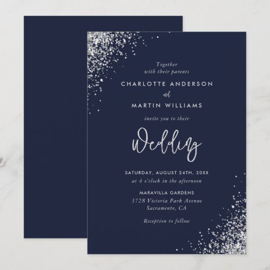 Elegant Navy Blue en Silver Glitter Wedding Kaart (Voorkant / Achterkant)