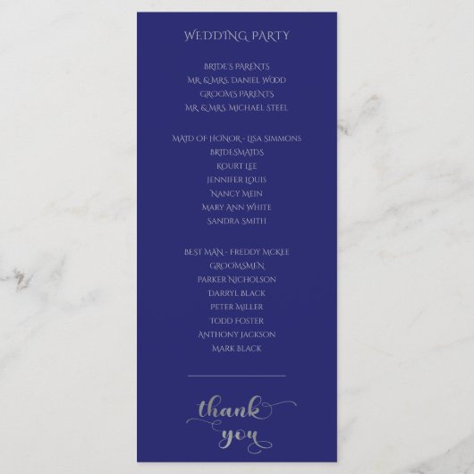 Elegant Navy Blue en Silver Wedding Programmakaart (Achterkant)