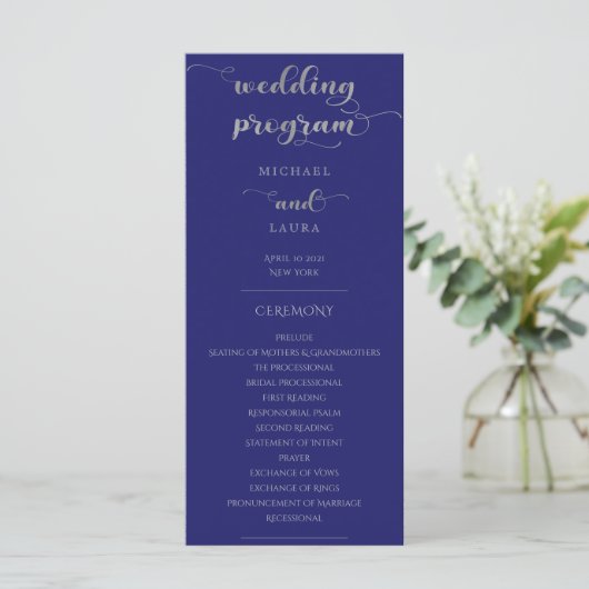 Elegant Navy Blue en Silver Wedding Programmakaart (Staand voorkant)