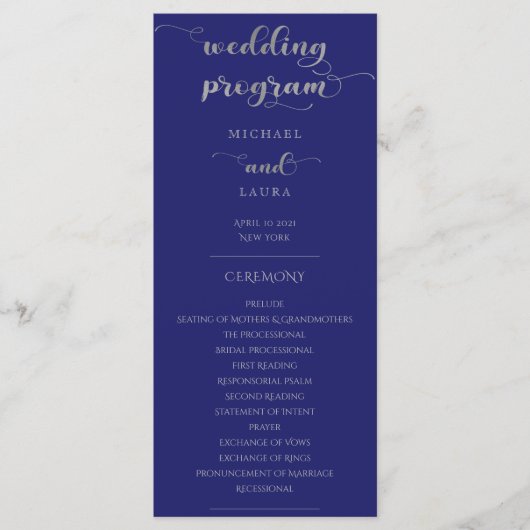 Elegant Navy Blue en Silver Wedding Programmakaart (Voorkant)