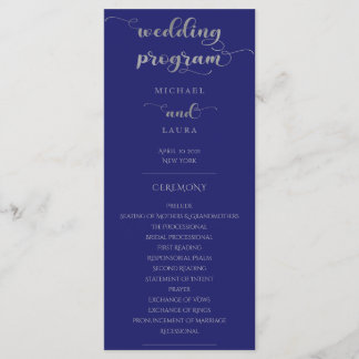 Elegant Navy Blue en Silver Wedding Programmakaart