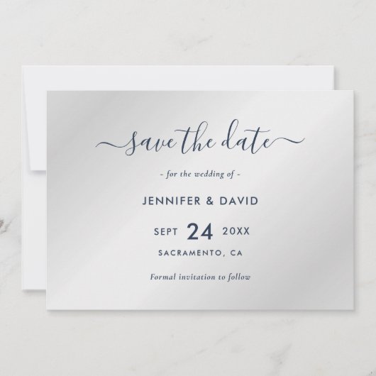 Elegant Navy Blue en Silver Wedding Save The Date (Voorkant)
