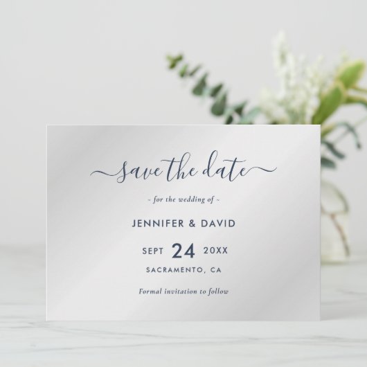 Elegant Navy Blue en Silver Wedding Save The Date (Staand voorkant)