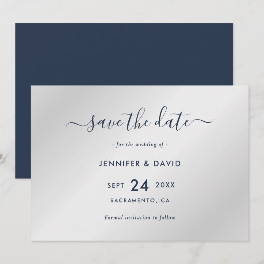 Elegant Navy Blue en Silver Wedding Save The Date (Voorkant / Achterkant)