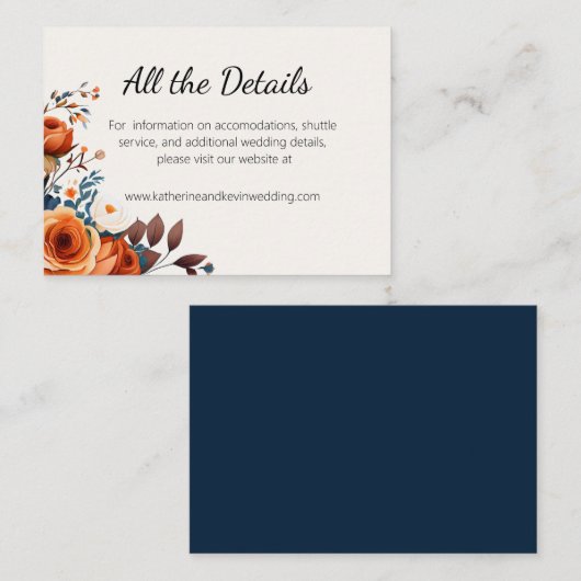 Elegant Navy Blue en Sinaasappel bruiloft Informatiekaartje (Voorkant / Achterkant)