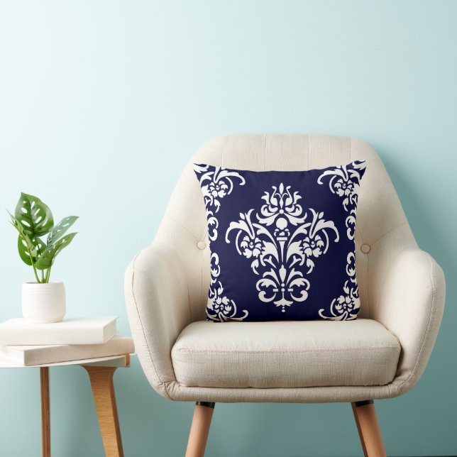 Elegant Navy Blue en White Damask Kussen (Stoel)