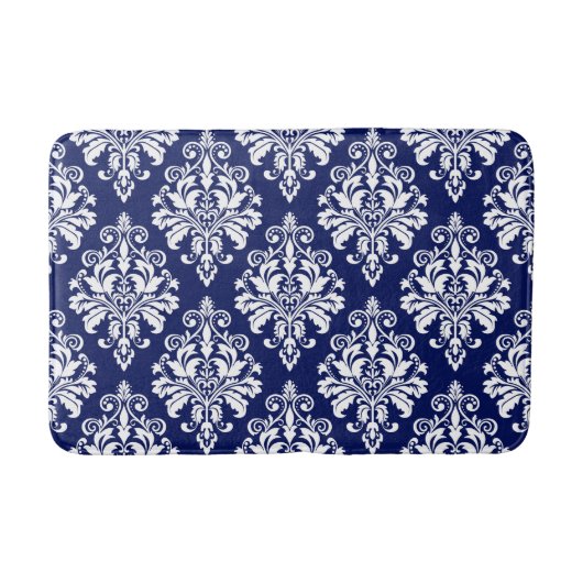 Elegant Navy Blue en White Damask Pattern Badmat (Voorkant)