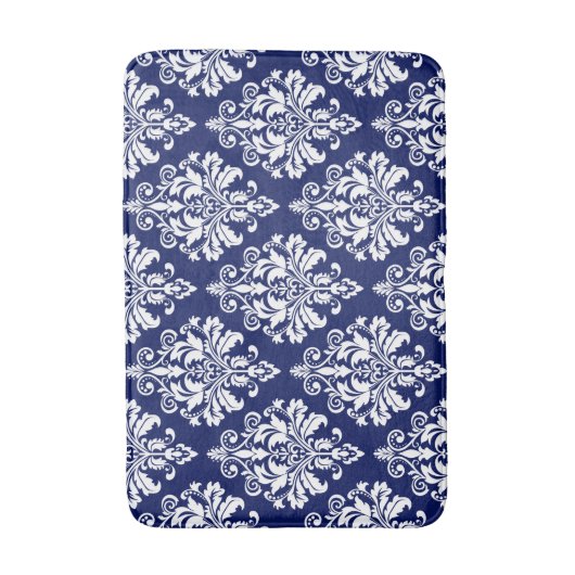 Elegant Navy Blue en White Damask Pattern Badmat (Voorkant Verticaal)
