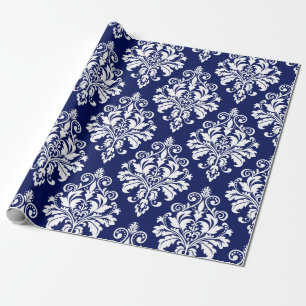 Elegant Navy Blue en White Damask Pattern Cadeaupapier