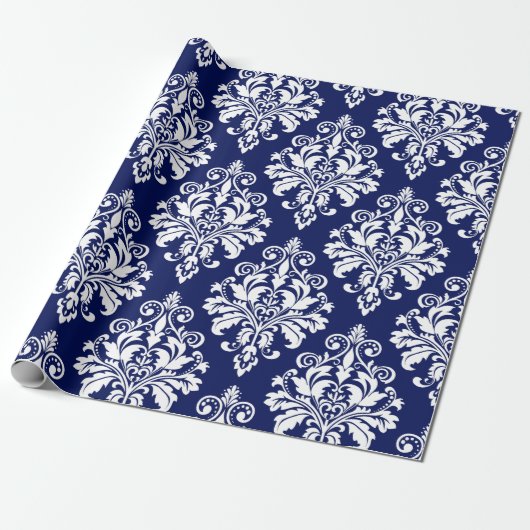 Elegant Navy Blue en White Damask Pattern Cadeaupapier (Uitgerold)