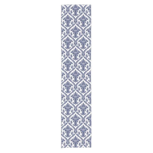 Elegant Navy Blue en White Damask Pattern Korte Tafelloper (Voorkant)