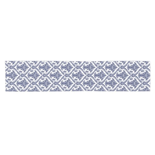 Elegant Navy Blue en White Damask Pattern Korte Tafelloper (Horizontaal)
