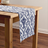 Elegant Navy Blue en White Damask Pattern Korte Tafelloper (Voorbeeld)