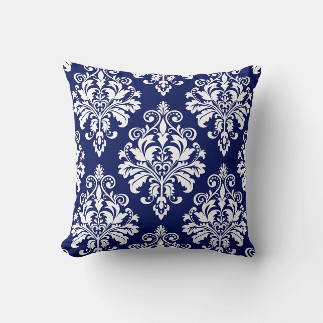 Elegant Navy Blue en White Damask Pattern Kussen (Voorkant)