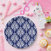 Elegant Navy Blue en White Damask Pattern Papieren Bordje (Feest)