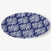 Elegant Navy Blue en White Damask Pattern Papieren Bordje (Gekanteld)