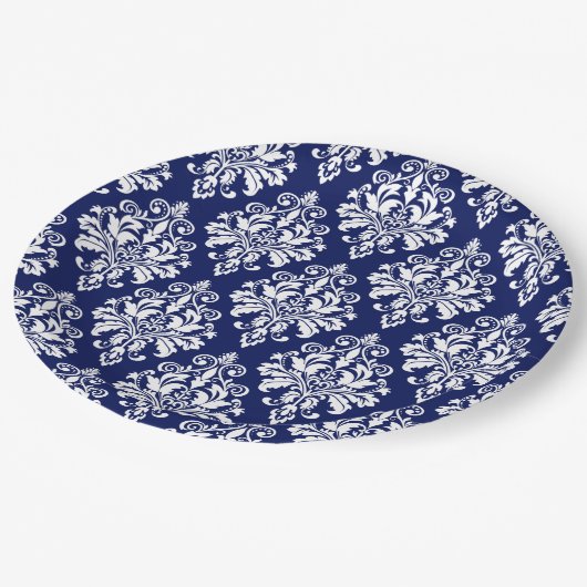 Elegant Navy Blue en White Damask Pattern Papieren Bordje (Gekanteld)