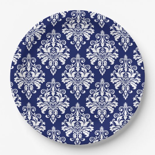 Elegant Navy Blue en White Damask Pattern Papieren Bordje (Voorkant)