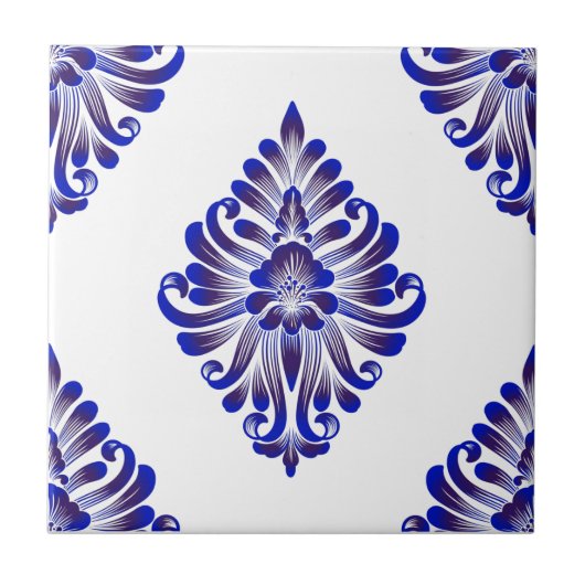 Elegant Navy Blue en White Damask Pattern Tegeltje (Voorkant)
