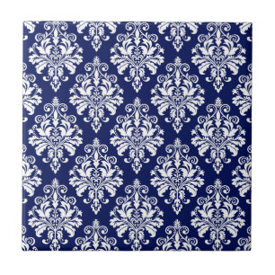 Elegant Navy Blue en White Damask Pattern Tegeltje