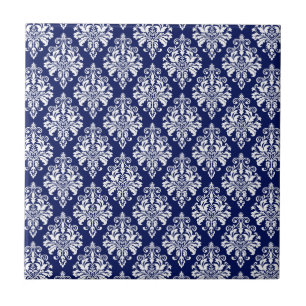 Elegant Navy Blue en White Damask Pattern Tegeltje