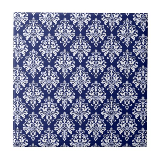 Elegant Navy Blue en White Damask Pattern Tegeltje (Voorkant)