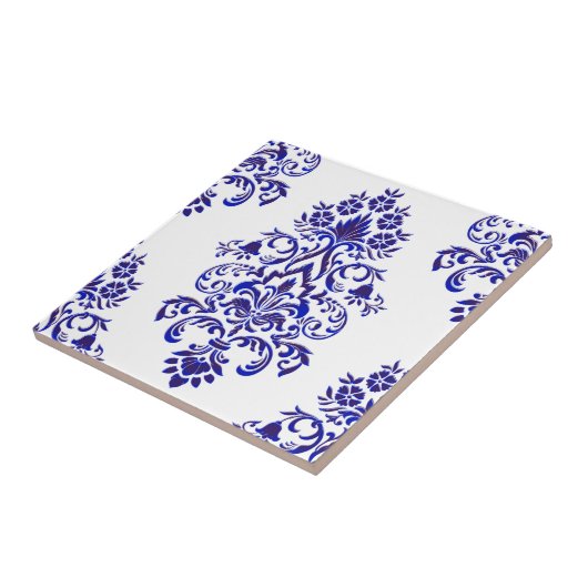Elegant Navy Blue en White Damask Pattern Tegeltje (Zijkant)