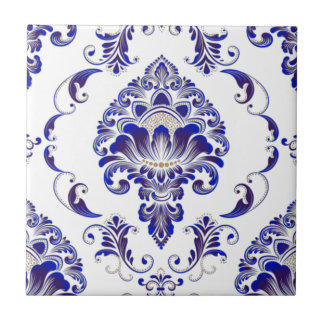 Elegant Navy Blue en White Damask Pattern Tegeltje