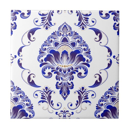 Elegant Navy Blue en White Damask Pattern Tegeltje (Voorkant)