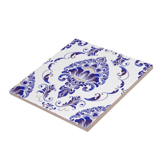 Elegant Navy Blue en White Damask Pattern Tegeltje (Zijkant)