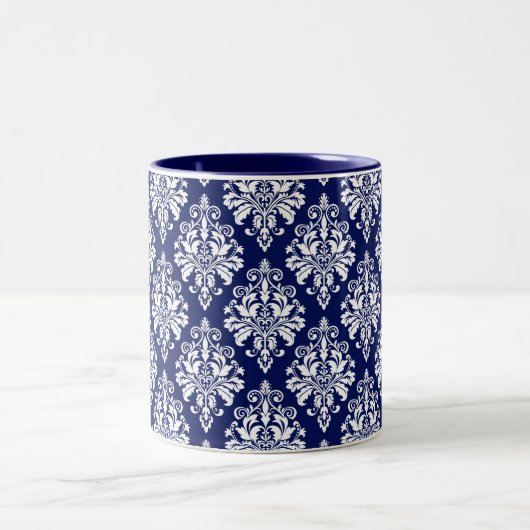 Elegant Navy Blue en White Damask Pattern Tweekleurige Koffiemok (Center)