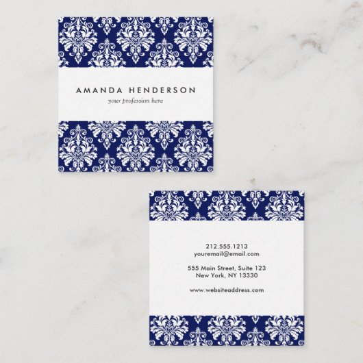 Elegant Navy Blue en White Damask Pattern Vierkante Visitekaartje (Voorkant / Achterkant)