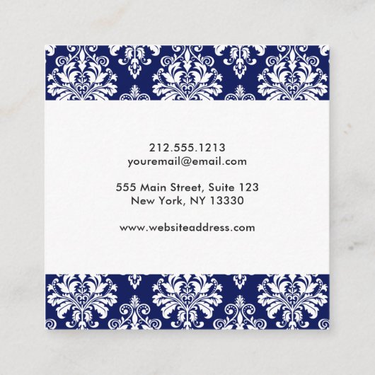 Elegant Navy Blue en White Damask Pattern Vierkante Visitekaartje (Achterkant)