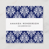Elegant Navy Blue en White Damask Pattern Vierkante Visitekaartje (Voorkant)