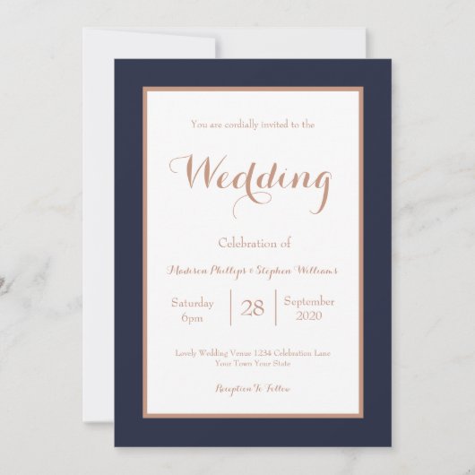 Elegant Navy Blue en White Faux Roos Gold Wedding Kaart (Voorkant)